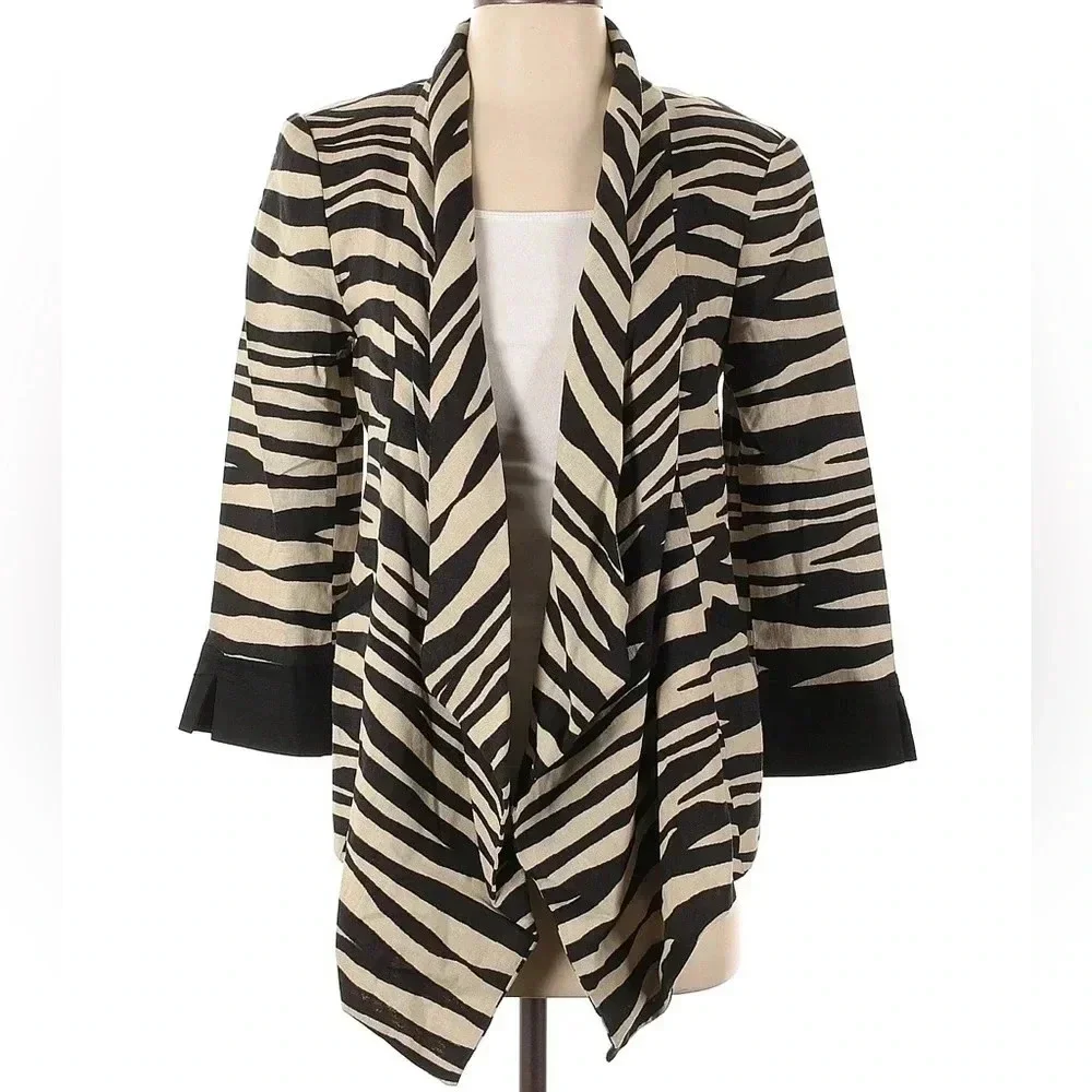 Alberto Malaki Linen Blend Tan Black Zebra Animal Stripe Open Blazer Size Small